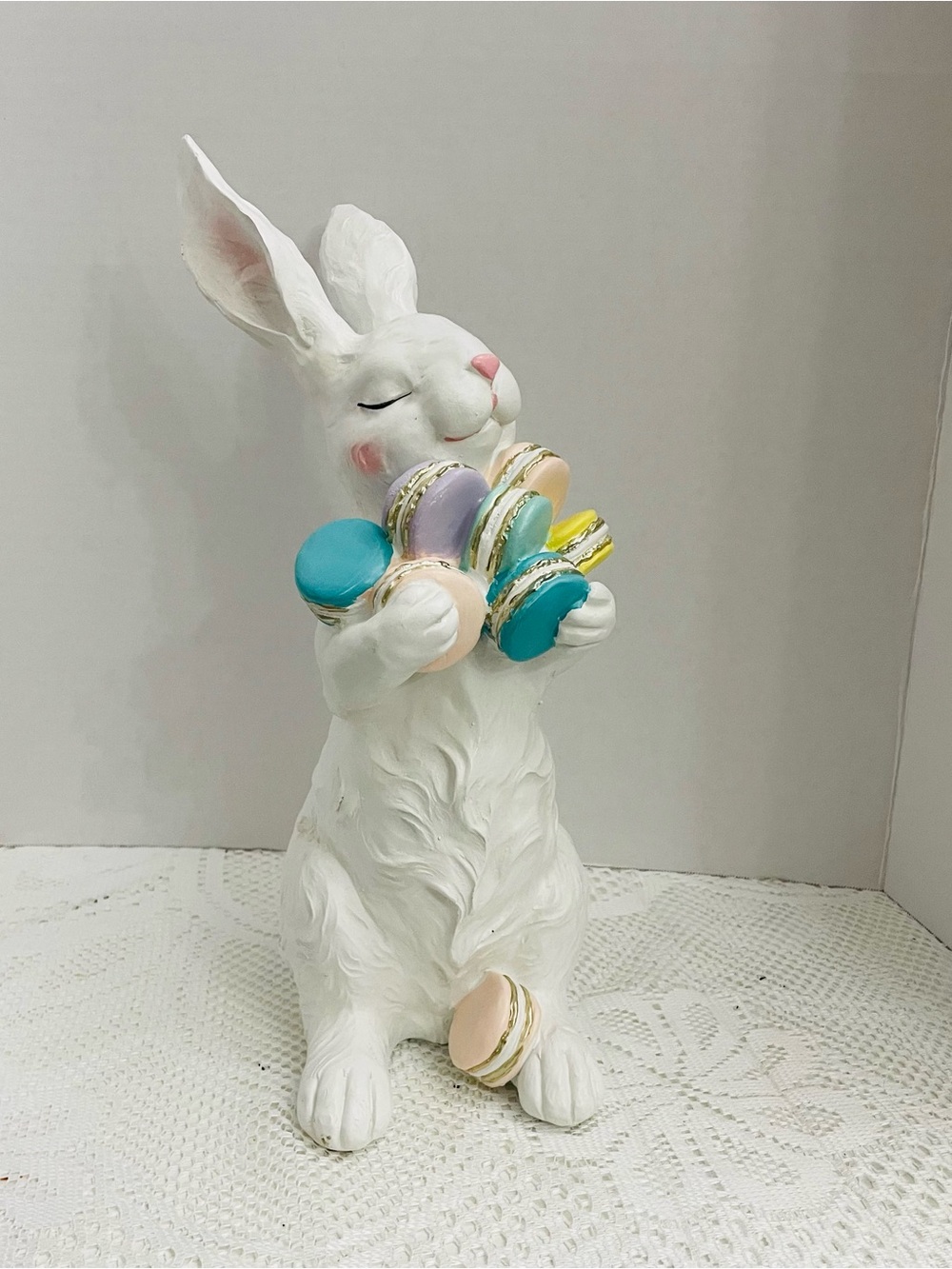 White Rabbit Figurine Holding Pastel Macarons - Decorative Home Accent